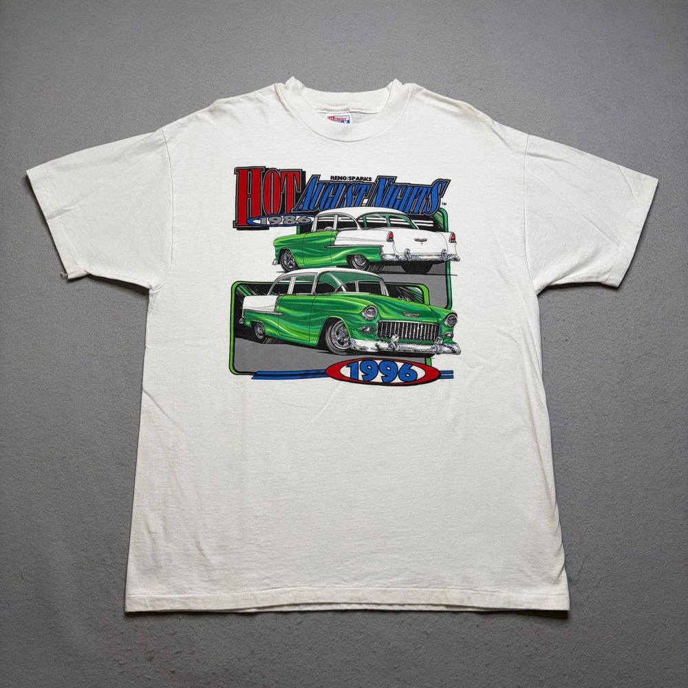 Hanes T-Shirt Mens XL White Hot August Nights 1996 Vintage Car Graphic Teeβ